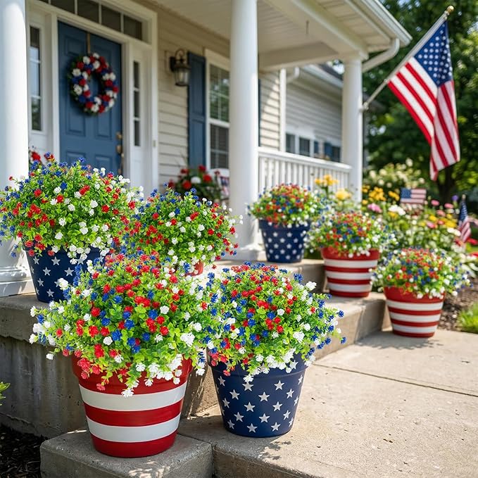 Hananona 12 Pcs Artificial Flowers Outdoor, Faux Artificial Plants UV Resistant Plastic Patriotic Flower Bulk for 4th of July Hanging Planter Porch Window Home Summer Decor 12, Red, White, Blue