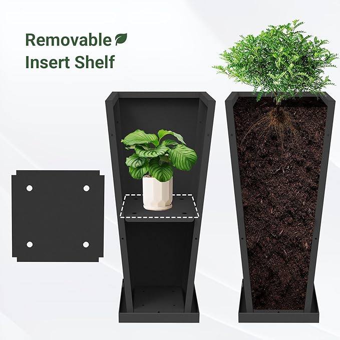 Metal Tall Outdoor Planters Set of 2, 28 inch Durable Tall Planters with Rust-Proof Coating & Drainage Insert Shelve & Trays, Black Outdoor Planters for Porch, Garden, Patio, Yard