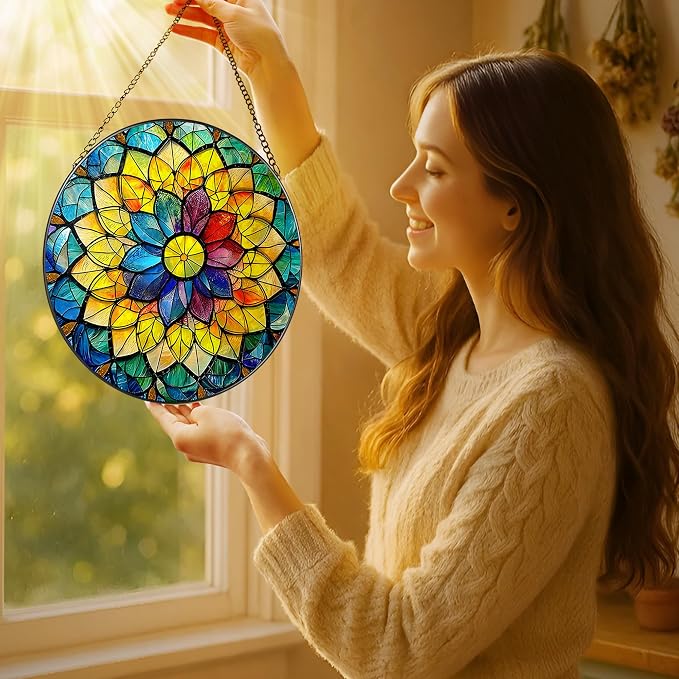 8'' Rainbow Mandala Sun Catcher Ornament, Stained Glass Window Hanging, Sun Catchers for Windows Hanging Ornaments, Window Decor, Ideal Gift | Colorful Spiritual Gifts for Her