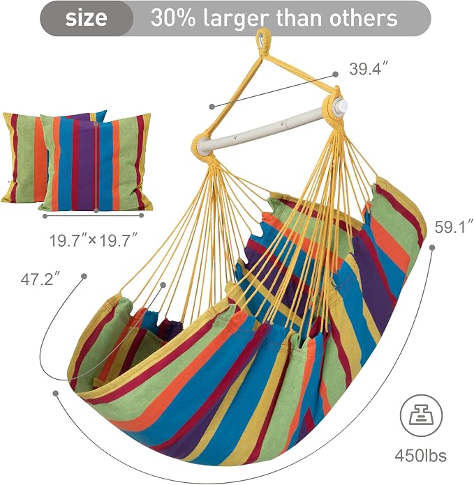 SUNCREAT Hammock Chairs Hammock Chair Swing with Steel Support Bar, Side Pocket, Large Swing Chair for Bedroom, Patio, Garden, Rainbow