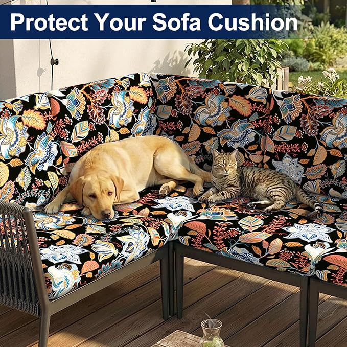 Smiry Waterproof Patio Cushion Covers, Stretch Outdoor Couch Slipcovers Replacement Washable Furniture Protector Sofa Chair Seat Cover for Dogs and Pets (12 Pcs, Black and Orange)