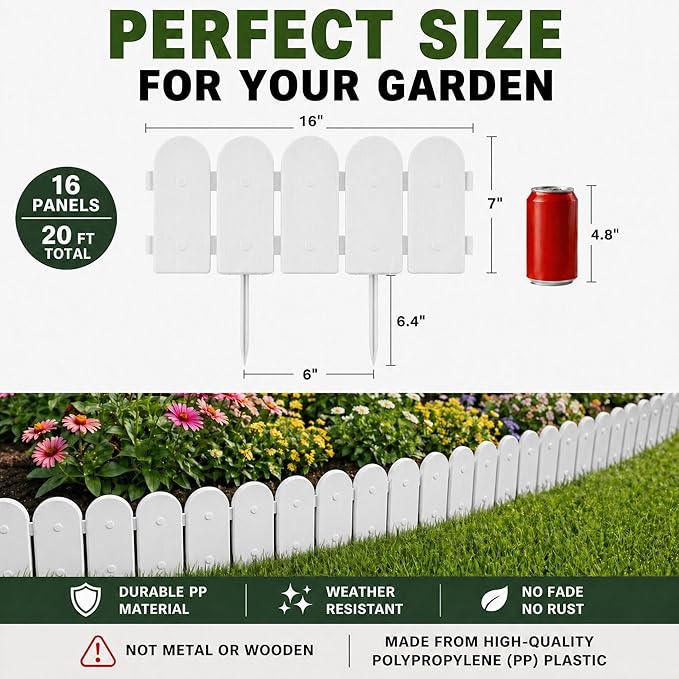 Evelyne Garden Border Edging: Wooden Fence Design - 16pcs White Yard Landscaping Fence Liner Lawn Edge Barrier - 20ft Kit of Decorative Lawn Landscape Panels Elements-Landscaping Edging-GMT-10374-D16