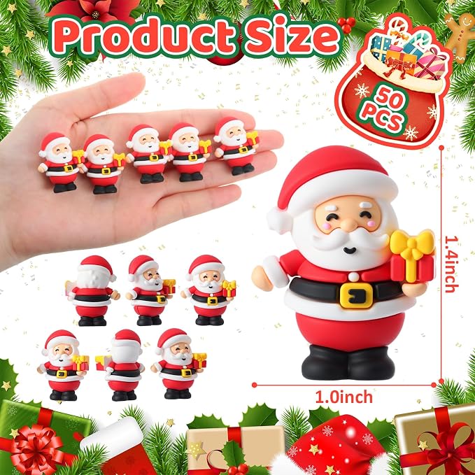 Chunful 50 Pcs Christmas in July Mini Santa Figurines Holding a Gift Tiny Santa Rubber Figure to Hide and Seek Small Statue Xmas Party Supplies Gifts for Xmas Fairy Garden Home Table Decor (Gift Box)