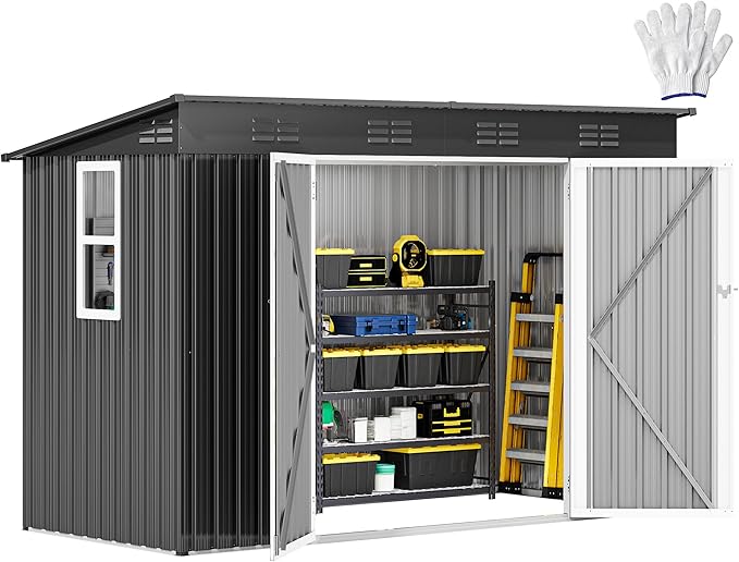 DWVO 8.5x3.5ft Large Tool Storage Shed with Window, Lockable Doors, and Sloped Roof, Oversized Steel Outdoor Storage Shed for Garden, Patio, Garage, Backyard, Lawn - Dark Gray
