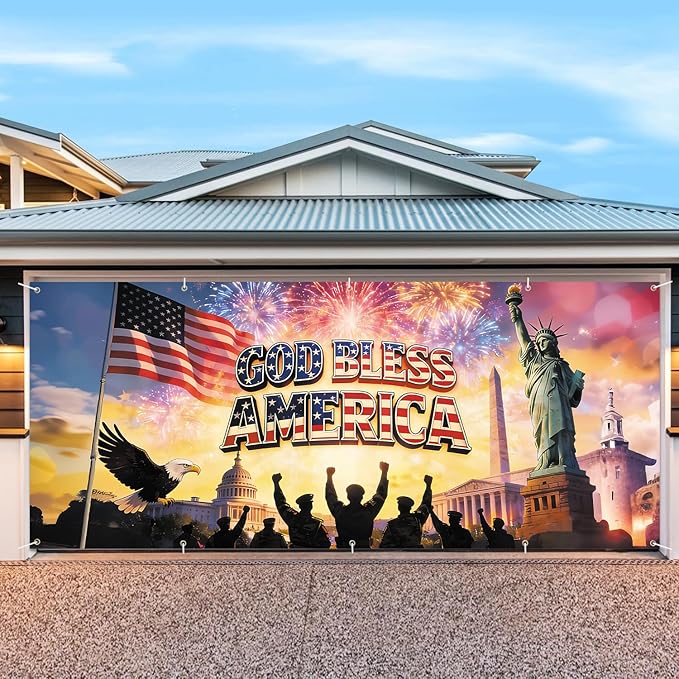 7 * 16FT Eagle flag God Bless The AMERICA Garage Door Cover Decorations Independence Day Garage Door Banner for Outdoor Indoor Patriot Party Photography Backdrop