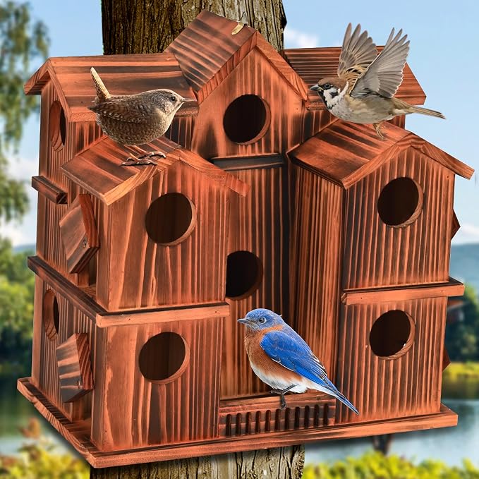 Wooden Bird Houses for Outside, 10 Rooms Bird House with 1.57" Entrance Holes Large Bird Nesting Box for Bluebird Wren Chickadee Cardinals, Hanging Birdhouse for Outdoors with Individual Cleaning Door