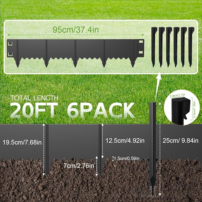 Hlogree 6 Pack Metal Landscape Edging, Garden Edging, Garden Border with 6 Pcs Anchor Stakes, No-Dig Hammer-in Heavy Duty Metal Edging Border for Flower Bed, Yard & Pathway (Black, 8inch)