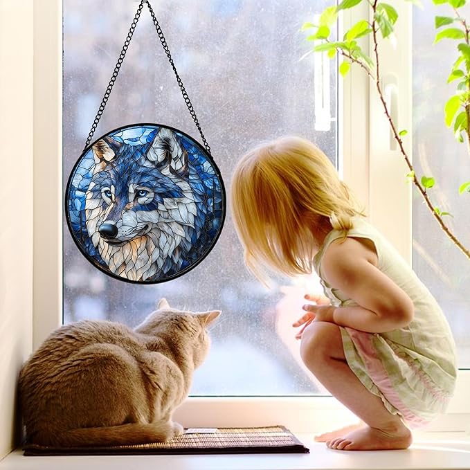 DASTOLL Stained Glass Window Hanging - Funny Wolf Suncatcher Ready to Hang Window Doors Home Decoration and Christmas, Mother's Day Birthday Gifts for Women, Men, and Mom 9.8x9.8 in