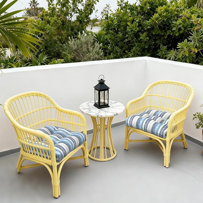 LVTXIII Patio U-Shaped Wicker Seat Cushion, Outdoor Tufted Chair Pads Decorative Seat Cushion Set for Garden Home Office Furniture Ornament, 19”x19”x4”, Pack of 2, Stripe Layered Blue