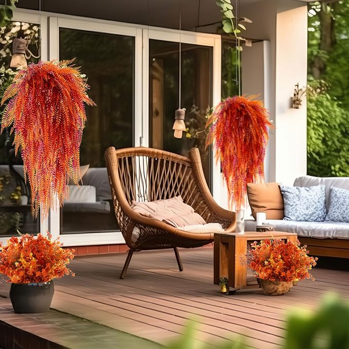 Thiccywoov 32 Bundles Artificial Fall Flowers Plants for Outdoors 16 Styles Autumn Decor, Fake Faux Flowers UV Resistant Orange Mums Violet Fern for Fall Thanksgiving Home Porch Window Box Decor