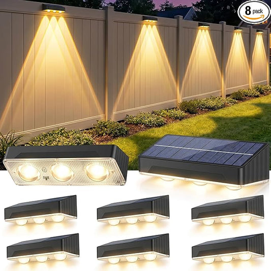 Solar Fence Lights Outdoor 8 Pack Waterproof Upgraded Brightness 3 LED Lens Solor Deck Lights Warm Cool Natural White RGB 10 Color Outside Solar Powered Wall Light for Backyard Garden Patio Step Rail