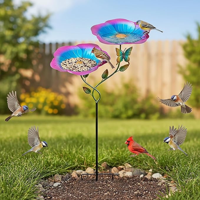 37.4 Inch Floral Metal Bird Bath for Outside - Standing Bird Feeder with Dual Flower Bowls Detachable Birdbath with Butterfly Decor Metal Stake Base for Garden Yard Outdoor (Blue)