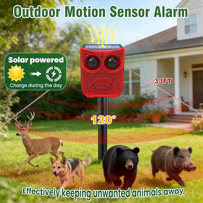 ChunHee Solar Motion Sensor Alarm Outdoor Dog Barking Alarm with 129dB Loud Alarm & PIR Motion Detection, IP65 Weatherproof Motion Activated for Deer, Coyote,Raccoons, Bears