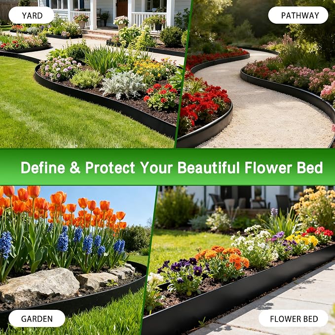 Metal Landscape Edging,33ft Galvanized Steel Garden Edging Border,No Dig Flexible Landscaping Edging Strips with clamps, Rust-Proof Lawn Divider for Flower Beds Ponds and Mulch-Black(10-Pack)