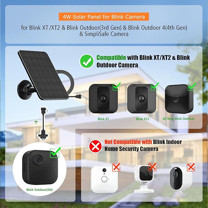 Solar Panel for Blink Outdoor 2K+/4th Gen and 3rd Gen XT3 XT2 XT Camera(Not Included),4W Solar Charger Compatible with Blink Outdoor Camera,Adjustable Mount 13.1ft Cable Rubber Plug,IP65 Waterproof