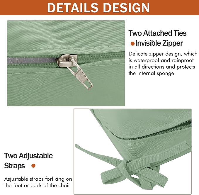 4 Pack Outdoor Chair Cushions 19 x 19 Inch Water Resistant Patio Chair Cushions with Tie 3 Year Color Fastness Thick Outdoor Seat Cushion for Garden Lawn Patio Furniture Sage Green