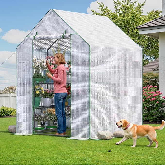 Greenhouse for Outdoors, Portable Green House, Walk in Greenhouses with Durable PE Cover, 57 x 57 x 76 inch Greenhouse with Shelves Stands,White