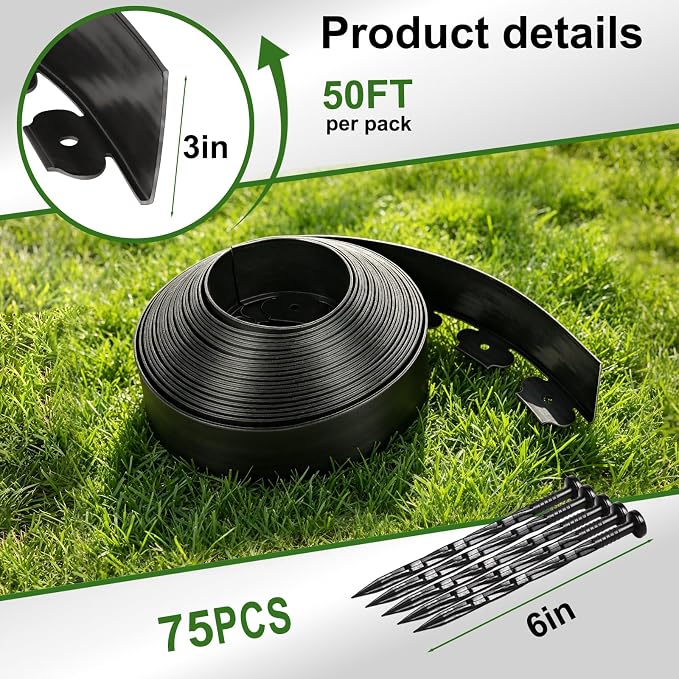 3 Inch x 50FT Garden Edging Border, Plastic Edging for Landscaping with 75pcs Spikes