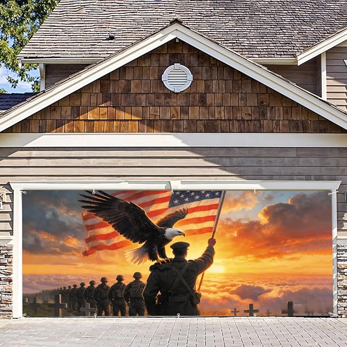 7 * 16FT Eagle USA Flag Military Memorial Day Garage Door Cover Decorations Independence Day Garage Door Banner for Outdoor Indoor Patriot Party Photography Backdrop
