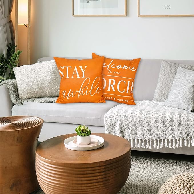 TAJWE Outdoor Pillow Covers Waterproof 18x18 Set of 2 Orange Decorative Fall Autumn Thanksgiving Pillowcases Welcome to Our Porch Stay Awhile Cushion Cases for Patio Furniture Sofa Couch Decor