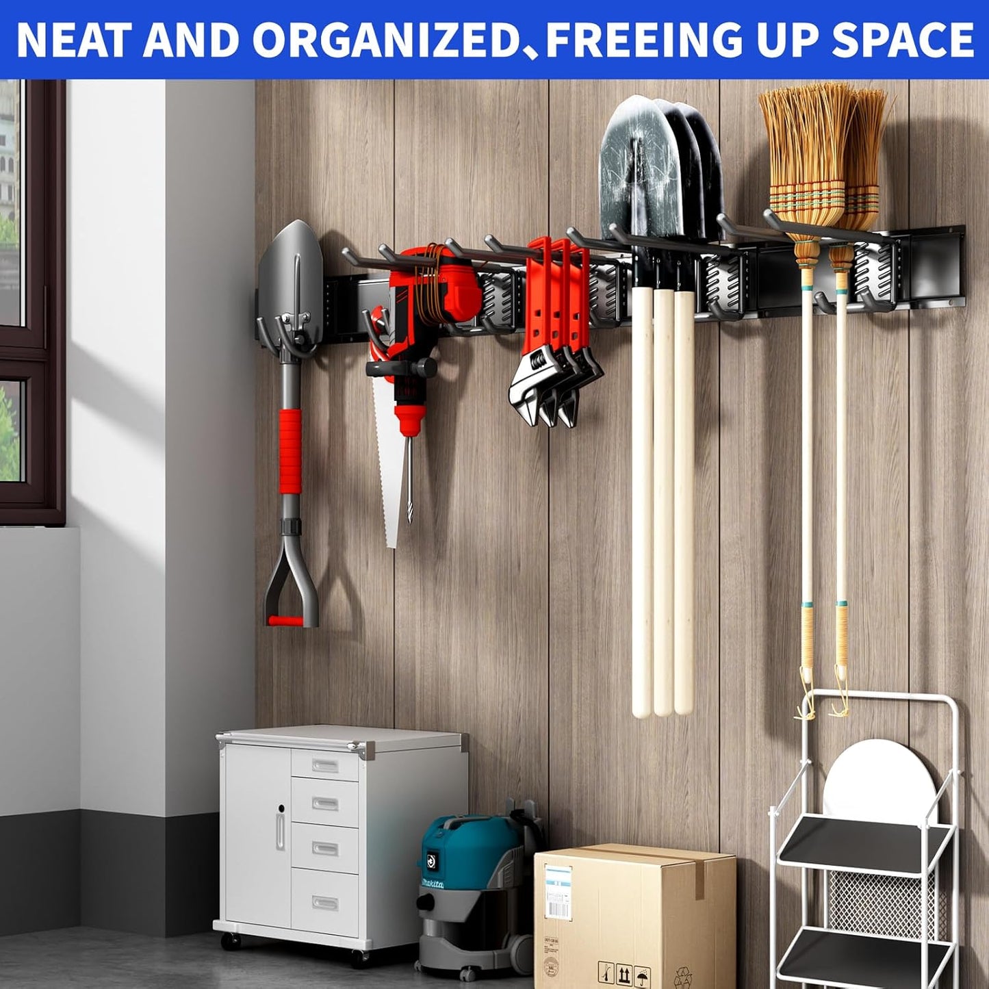Garage Organization Tool Organizer Wall Mount, 48inch Heavy Duty Garden Tool organizer Storage System, Easy Install With 6 Adjustable Hooks, For Garage, Basement, Shed, Workshop(Black)