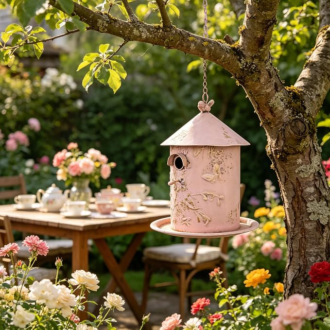 Vintage Pink Metal Bird House Feeder, Distressed Floral Embossed Hanging Birdhouse with Tray, Rustic Farmhouse Decorative Bird Nest Box for Outdoor Garden, Patio, Yard