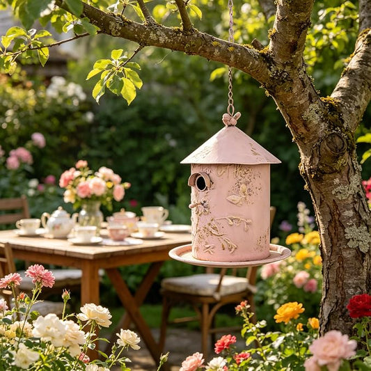 Vintage Pink Metal Bird House Feeder, Distressed Floral Embossed Hanging Birdhouse with Tray, Rustic Farmhouse Decorative Bird Nest Box for Outdoor Garden, Patio, Yard