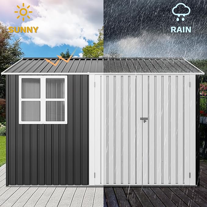 DWVO 10x10ft Large Tool Storage Shed with Window, Lockable Doors, and Sloped Roof, Oversized Steel Outdoor Storage Shed for Garden, Patio, Garage, Backyard, Lawn(Gray + White)