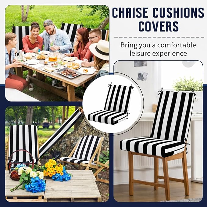 Tudomro 4 Pcs Outdoor High Back Chair Cushion Covers (Not Includes Cushion) Waterproof Patio Replacement Rocking Chair Slipcover Seat Pad Cover with Tie for Furniture (Black and White,44'' X 21'')