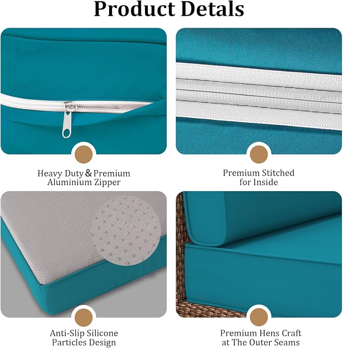 14 Piece Outdoor Furniture Replacement Cushions, Cover+Filling, 25.6" x 25.6" x 4" Foam Waterproof Outdoor Sofa Cushion Sets, Fit Wicker Rattan Sectional Conversation Set,Teal