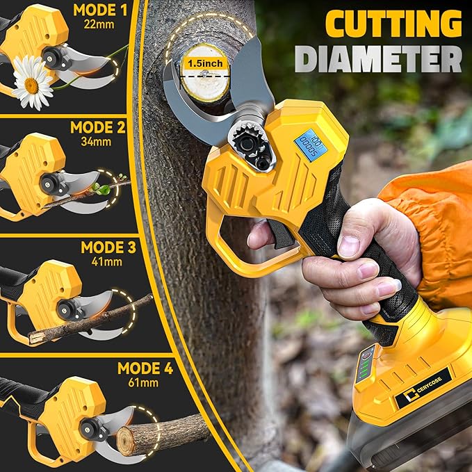 Cerycose Electric Pruning Shears Compatible with DeWalt 20v Battery, 0.8-2 Inch Max Cutting Diameter Electric Pruner with LCD Display & Imported SK7 Steel Blades for Gardening Tree Pruning(No Battery)
