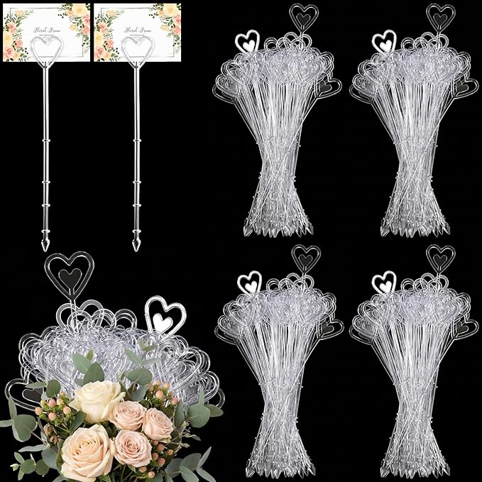Patelai 500 Pcs Plastic Floral Pick Card Holders Clear Heart Shaped Flower Place Card Holders Clips for Wedding Bouquet Birthday Party Supply, 9 Inches