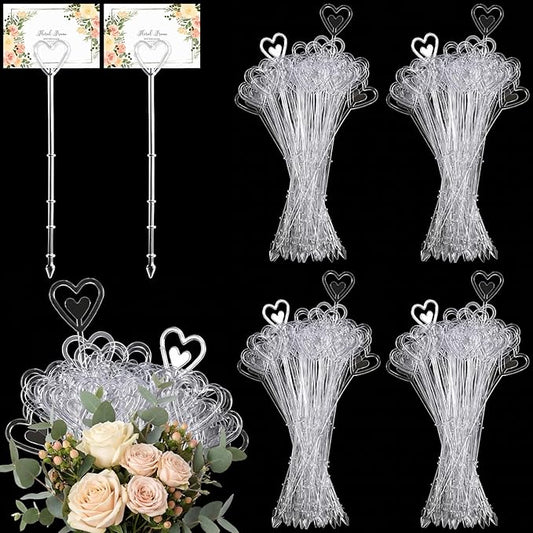 Patelai 500 Pcs Plastic Floral Pick Card Holders Clear Heart Shaped Flower Place Card Holders Clips for Wedding Bouquet Birthday Party Supply, 9 Inches