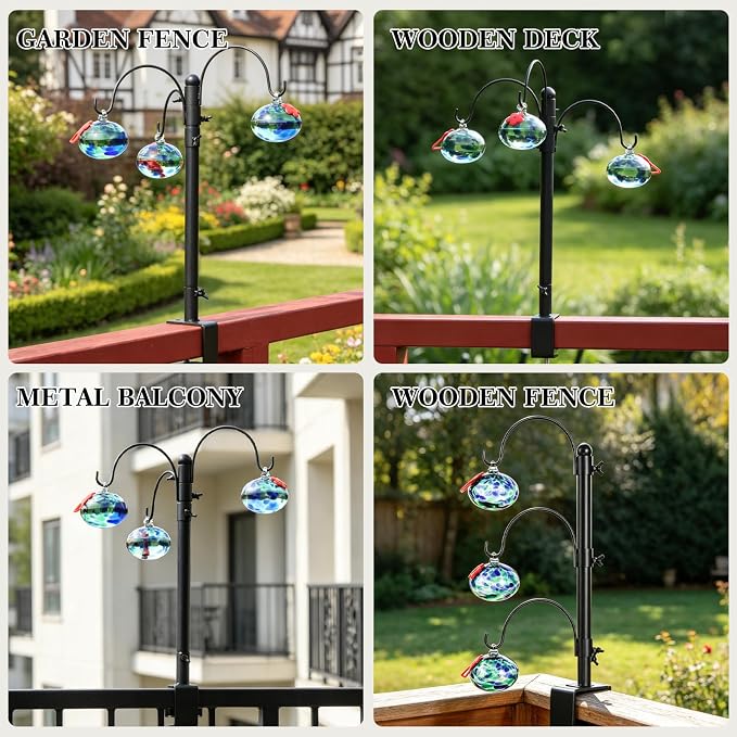 Headak life 15 inch Hummingbird Feeder Deck Hook for Railing, Hand Blown Glass Hummingbird Feeders for outdoors with Clamp-On Stand, Adjustable Outdoor Bird Feeder Pole for Deck,Garden Gifts for Women