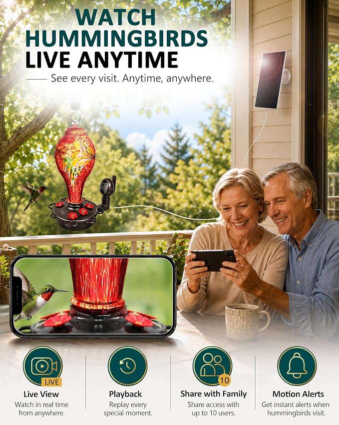 LUJII Smart Hummingbird Feeder with Camera, Hand Blown Glass for Outdoor Hanging, Solar WiFi Feeder with Live View App, 6 Feeding Ports, Leak-Resistant Design, Ant Moat & Gift Box, 36 fl oz, Red