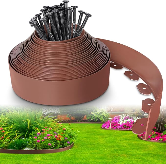 4-Inch x 33 FT Landscape Edging Border with 50 Spikes, Garden Edging Lawn Border Kit, Plastic Edging Border Flexible for Garden Flower Beds Lawn Yard Pathway (Brown)