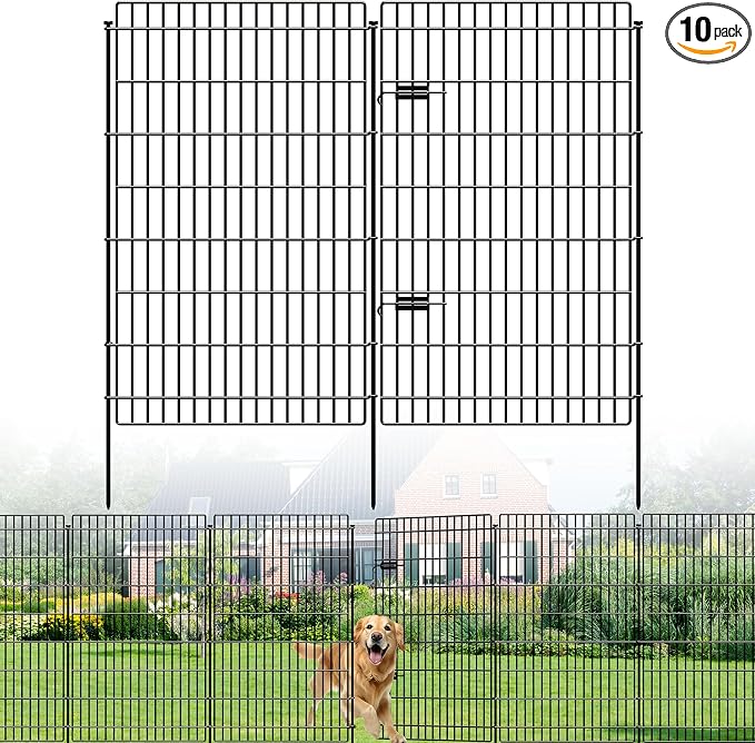 10 Panels Metal Garden Fences with Gate, 48 in (H) x 25.3 ft (L), Tall Dog Fence Outdoor Border Fence Temporary Animal Barrier, No Dig Ground Stakes Decorative Fencing for Yard Patio Outdoor, Black