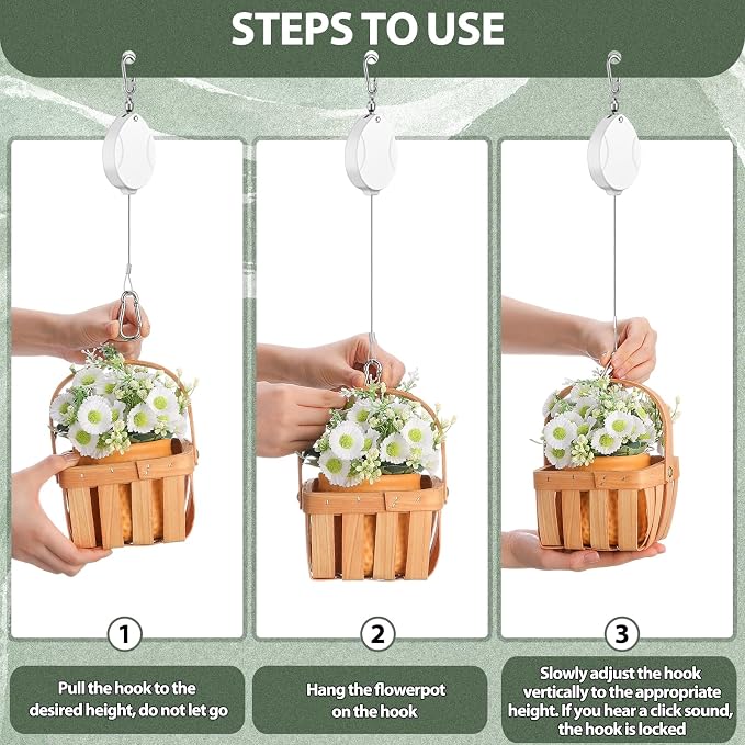 Leinuosen 4 Pack Upgraded Plant Pulleys for Hanging Plants Heavy Duty Retractable Plant Hanger, 304 Stainless Steel Rope Adjustable Climbing Hook for Garden Baskets Pots, Birds Feeder (White)
