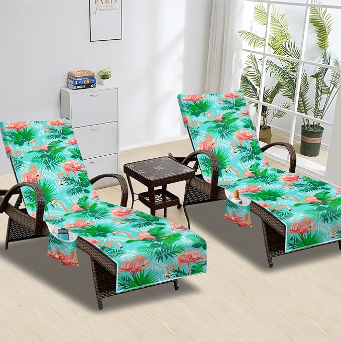 Beach Chair Cover (1Pc), Lounge Chair Covers with Side Pockets 85 x 30，Thick and Quick Dry Lounge Chair Towel Cover for Sun Lounger, Pool Beach Garden Outdoor Tanning Chair Cover,Flamingo Theme