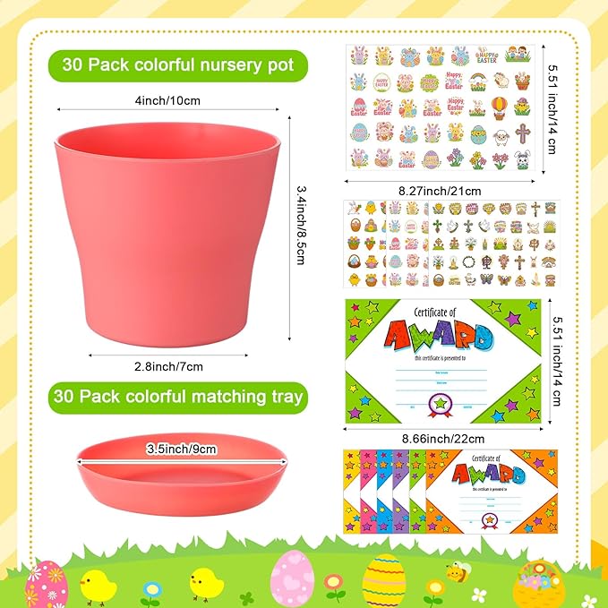 Domensi 30 Pack Garden Pot Craft Kit 4 Inch DIY Religious Crafts for Kids Bulk Small Plastic Spring Flower Plant Pot Plastic Planter with Tray Drainage Holes with Tag, Certificate of Award, Sticker