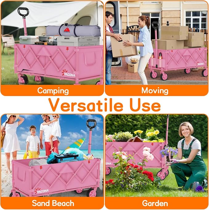 35" L Extra Long Wagons Carts Foldable, 360LBS Heavy Duty Collapsible Wagon with Wheels, Folding Wagon Portable Utility Cart for Groceries, Shopping, Camping, Sports (Pink, 180L)