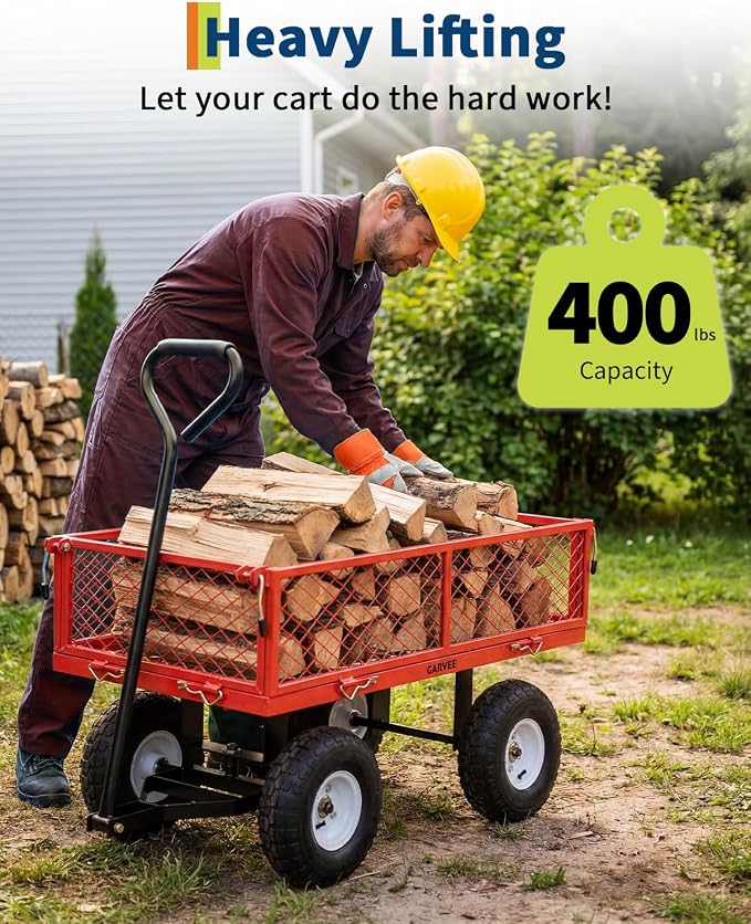 Garvee Versatile Outdoor Utility Cart-400LBS Heavy-Duty, 10" All-Terrain Pneumatic Tires, Easy Maneuverable Lawn Cart with Removable Mesh Panels for Gardening&Landscaping, Red, with Waterproof Liner