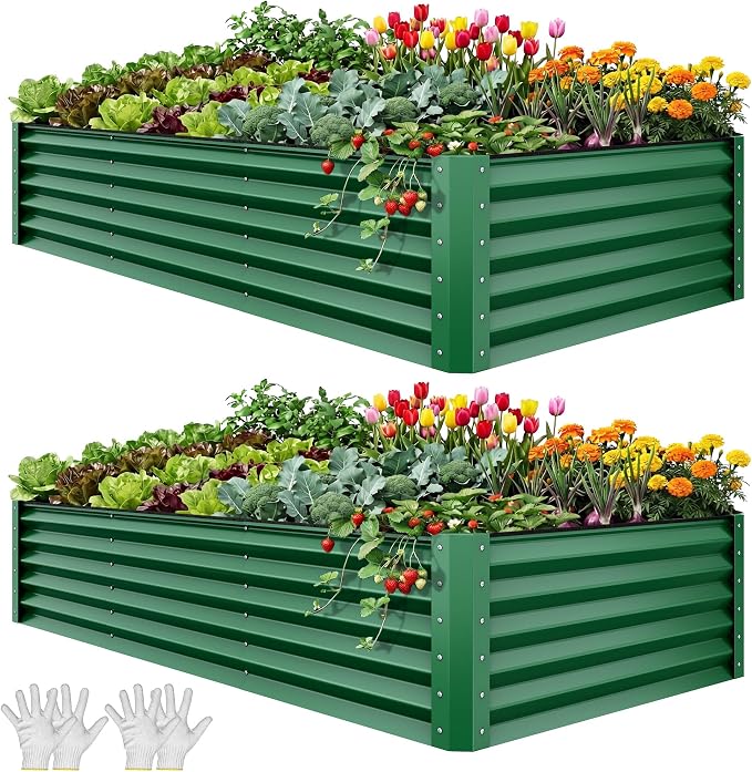 YITAHOME 8x4x1.5ft 2pcs Large Raised Garden Bed Kit, Galvanized Metal Planter Box with Gloves, Ground Nails & Safety Rubber, Outdoor Above Ground Planters for Plants Vegetables Flowers, Green
