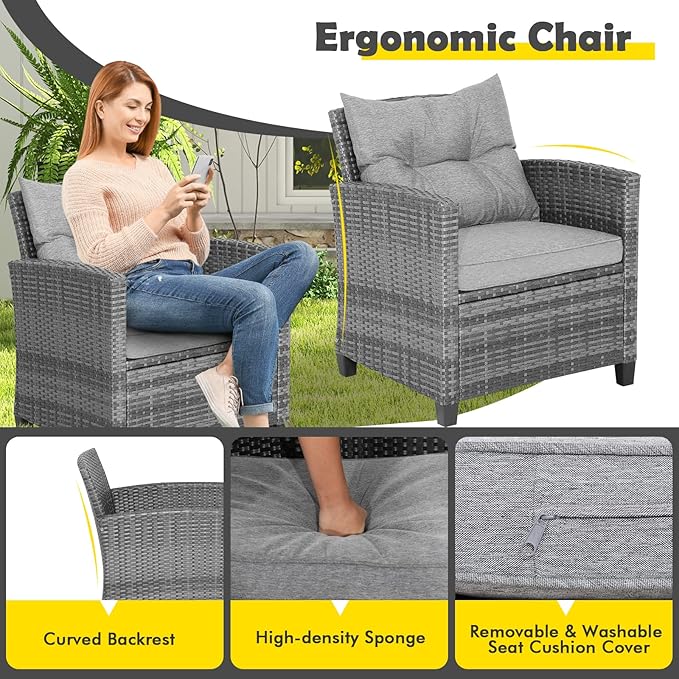 COSTWAY 3-Piece Patio Furniture Set, Outdoor Wicker Rattan Sofa with Cushions, Coffee Table with Tempered Glass, Conversation Sofa Set for Poolside Backyard Balcony (Grey)