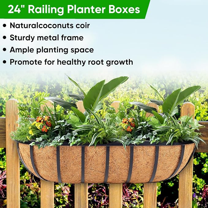HKZ Deck Balcony Railing Planter Window Boxes - 2 Pack 24 Inch Planter Box, Balcony Planters Railing Hanging, Window Boxes Outdoor Fence Planters