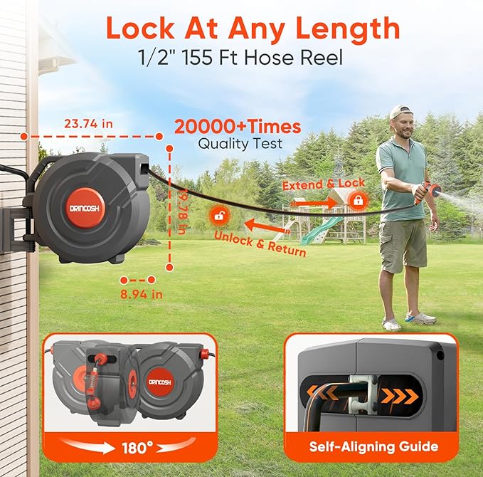 Retractable Garden Hose 155 ft x 1/2 inch Heavy Duty Wall-Mounted Hose Reels 180° Swivel Automatic Slow Return Any Length Lock 9 Pattern Nozzle UV Resistant