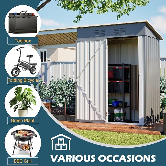 YOPTO 5×3 FT Outdoor Storage Shed & Gazebo Combo,Lean to Metal Tool Shed with Open Pergola,All-Weather 2-in-1 Garden Shed & Gazebo W/Sloping Roof and Lockable Door,for Backyard,Patio,Lawn(Gray)