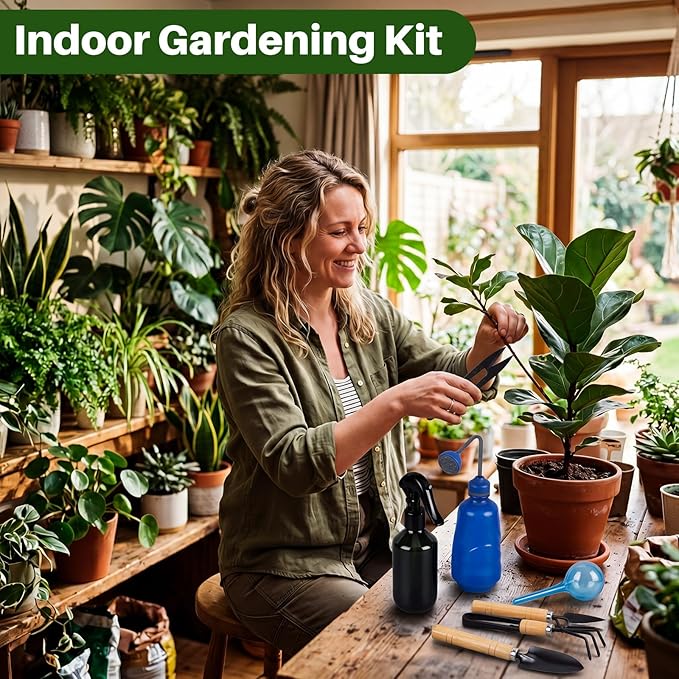 13 Pcs Indoor Plant Can Set, 1/2 Gallon Watering Can, 17 oz Squeeze Bottle, 6.8 oz Spray Bottle, 6 Self Watering Globes, Gardening Tool Kit with Pruning Scissors for Plants(Blue)