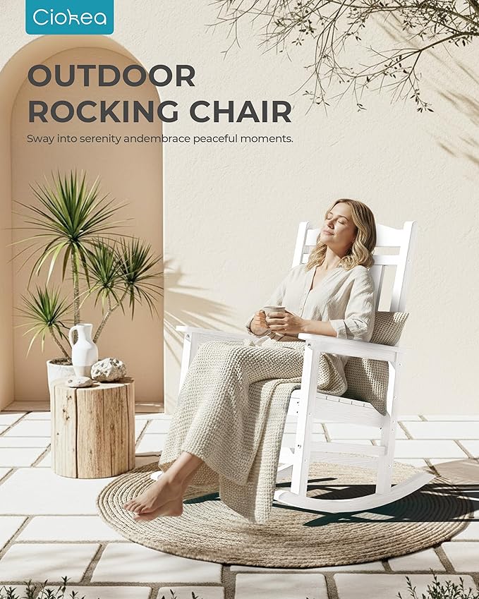 Ciokea Oversized Outdoor Rocking Chairs Set of 2, 380lbs Heavy-Duty Large Patio Rocker, High Back Cozy Porch Chairs, Weather Resistant Patio Rocking Chairs for Outside, Fire Pit, Deck, White
