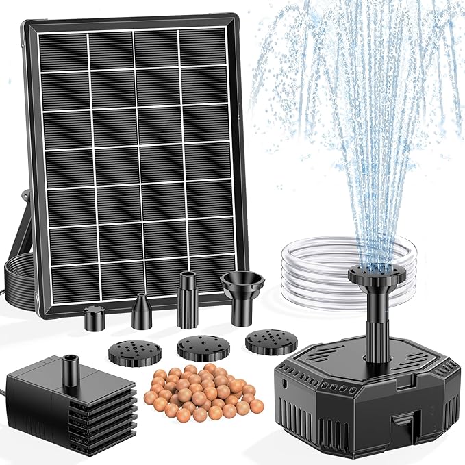 NFESOLAR 4W Solar Fountain Pump for Bird Bath, Solar Powered Water Fountain with Filter Box, Ceramic Ball Filtration, 5 Nozzles, 3.94FT PVC Tubing for Birdbath, Garden, Small Pond & DIY Water Features
